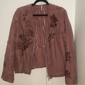 Free People Silk Embroidered Pink Bomber Jacket
